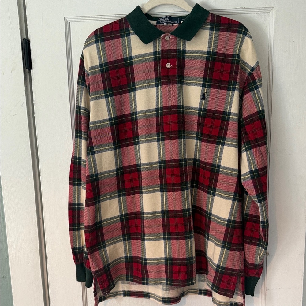 VTG 90s Polo Ralph Lauren Plaid Long Sleeve Rugby Shirt Preppy RL Christmas